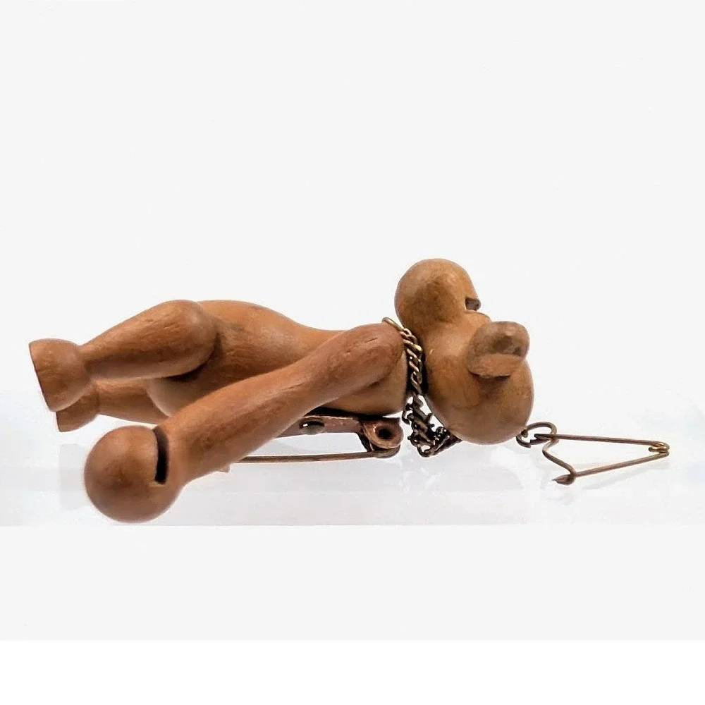 Vintage Zoo Line Japan Monkey Brooch Built in Pin-Chain Wooden‎ Articulated MCM